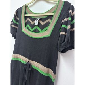 Nanette Lepore Black Chevron‎ Short Puff Sleeve Flounce Knit Dress Medium Y2K